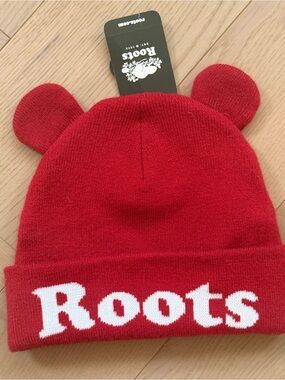 Roots Red Knit Beanie with Bear Ear Accents